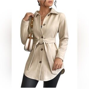 SHEIN LUNE Drop Shoulder Curved
Hem Belted Overcoat, Cream Color Size Medium